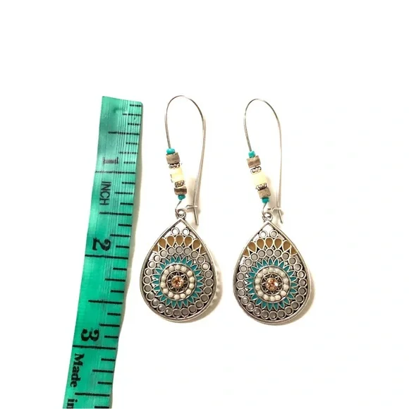 Vintage Style Blue Beige & Silver Tone Hoop Drop Earrings - Picture 4 of 4